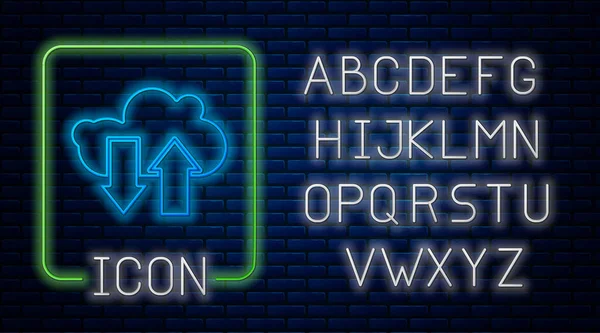 Светящиеся Неоновые Облака Загрузки Загрузки Значок Изолирован Фоне Кирпичной Стены — стоковый вектор