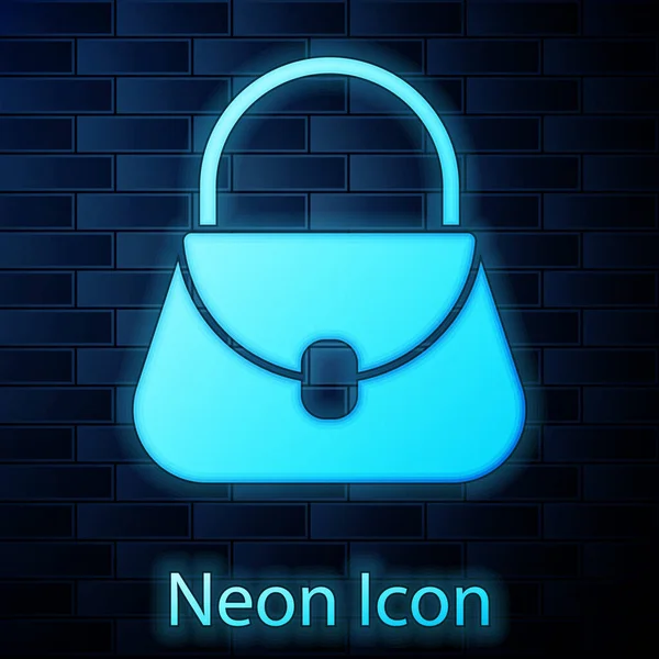Glowing Neon Handbag Icon Isolated Brick Wall Background Female Handbag — Stock Vector