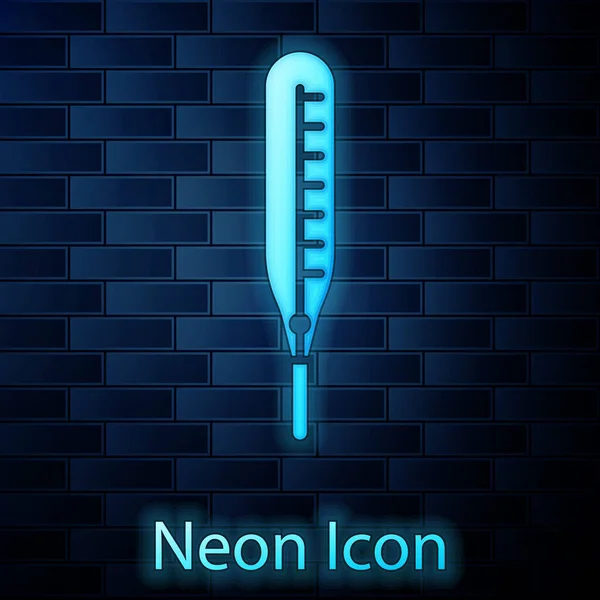 Светящийся Неоновый Медицинский Термометр Иконки Медицинского Осмотра Изолированный Фоне Кирпичной — стоковый вектор