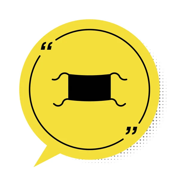 白い背景に隔離された黒い医療用保護マスクアイコン 黄色のスピーチバブルシンボル ベクターイラスト — ストックベクタ