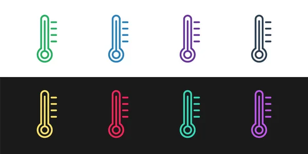 設定ライン黒と白の背景に隔離された気象温度計のアイコンを測定します 高温または低温を示す温度計機器 ベクターイラスト — ストックベクタ