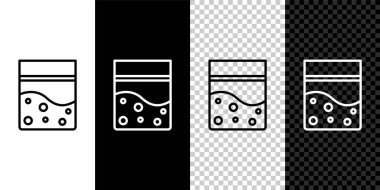 Siyah ve beyaz arka planda izole edilmiş plastik poşet dolusu tıbbi kenevir ikonu. Sağlık tehlikesi. Vektör İllüstrasyonu.