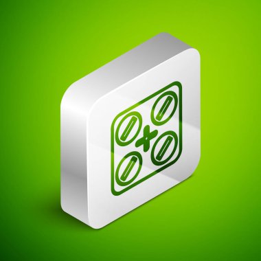 Yeşil arka planda marihuana ya da kenevir yaprağı ikonlu tıbbi haplar var. Kavanozlardaki kenevir yağı özlerini taklit et. Gümüş kare düğme. Vektör İllüstrasyonu.