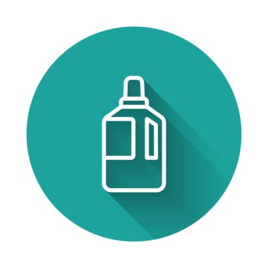 Beyaz çizgi kumaş yumuşatıcı simgesi uzun gölgeli izole edilmiş. Sıvı çamaşır deterjanı, saç kremi, temizlik maddesi, çamaşır suyu. Yeşil daire düğmesi. Vektör İllüstrasyonu.