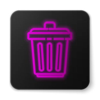 Parlayan neon hattı Çöp kutusu simgesi beyaz arkaplanda izole edildi. Çöp kutusu tabelası. Sepet simgesini geri dönüştür. Ofis çöpü ikonu. Siyah kare düğme. Vektör İllüstrasyonu.