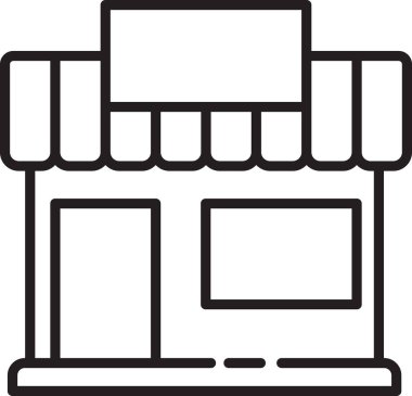 Siyah hat alışveriş binası ya da market simgesi beyaz arka planda izole edilmiş. Dükkan inşaatı. Vektör İllüstrasyonu.