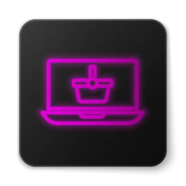 Ekran dizüstü bilgisayarında parlayan neon hattı alışveriş sepeti beyaz arkaplanda izole edildi. Konsept e-ticaret, e-ticaret, online iş pazarlama. Siyah kare düğme. Vektör İllüstrasyonu.