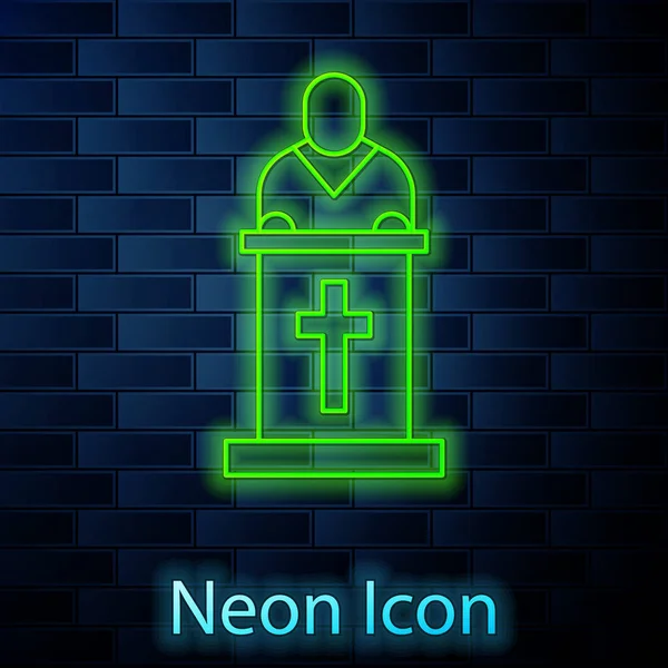 Žhnoucí Neonovou Linku Kostel Pastor Kázání Ikona Izolované Cihlové Zdi — Stockový vektor