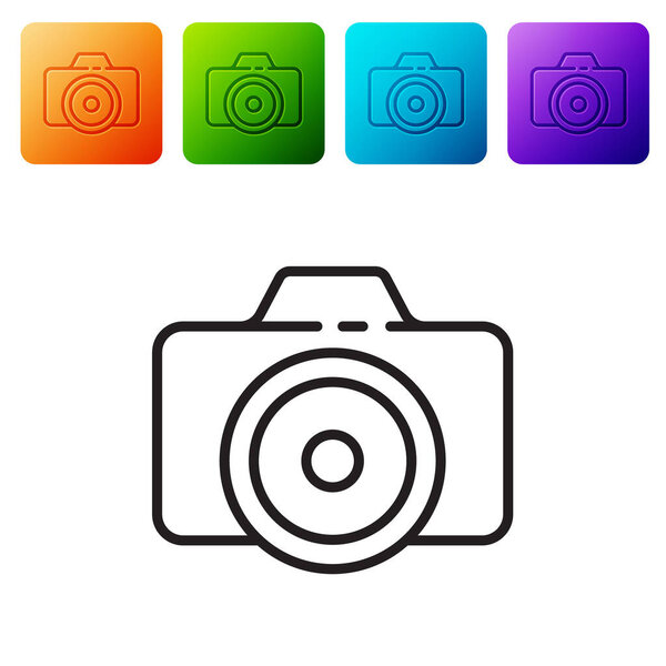 Black line Photo camera icon isolated on white background. Foto camera icon. Set icons in color square buttons. Vector Illustration.