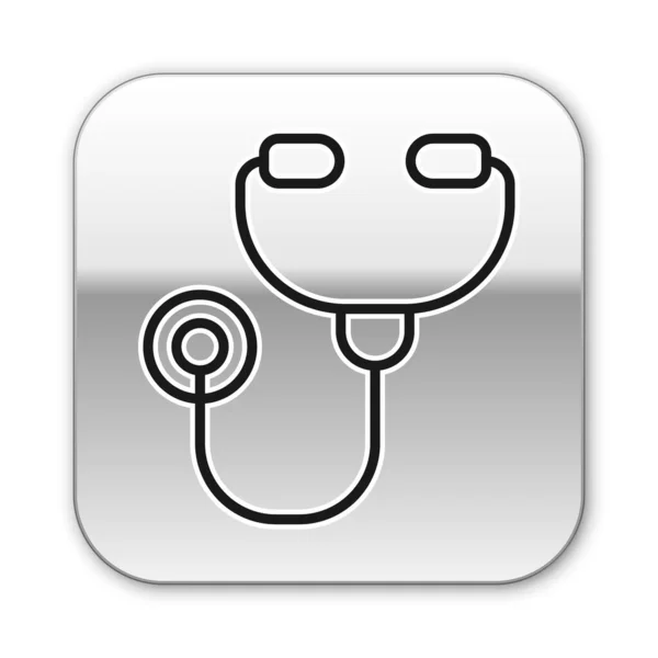 Black Line Stethoscope Medical Instrument Icon Isolated White Background Silver — Stock Vector