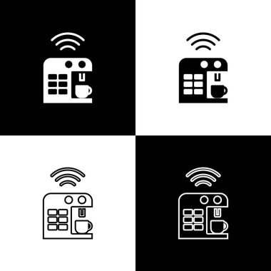 Smart kahve makinesi simgesini siyah beyaz arkaplanda izole et. İnternet kavramının kablosuz bağlantısı. Vektör.