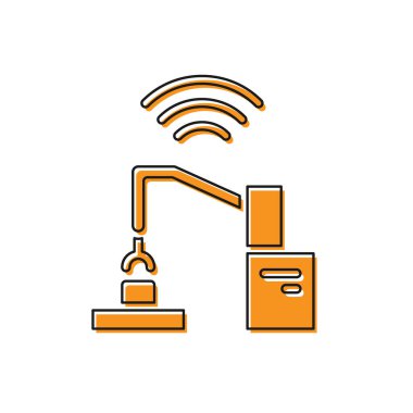 Turuncu Endüstriyel Robot Robot Kol Fabrikası ikonu beyaz arka planda izole edildi. Endüstriyel robot manipülatörü. Vektör.