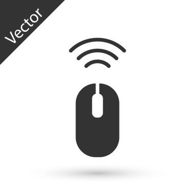 Gri kablosuz bilgisayar fare sistemi simgesi beyaz arkaplanda izole edildi. İnternet kavramının kablosuz bağlantısı. Vektör.