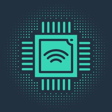 Mavi arkaplanda mikro devreli işlemci simgesi olan yeşil bilgisayar işlemcisi. Devre kartlı çip ya da işlemci. Mikro işlemci. Soyut çember rastgele noktalar. Vektör.