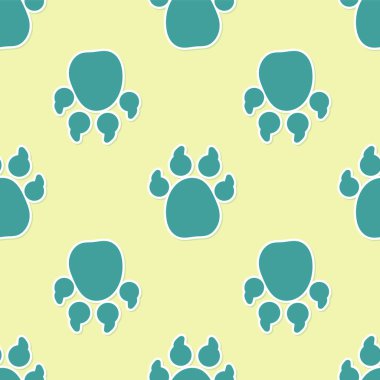 Yeşil Paw yazdırma simgesi sarı arkaplandaki kusursuz deseni izole etti. Köpek ya da kedi pençesi izi. Hayvan izleri. Vektör.