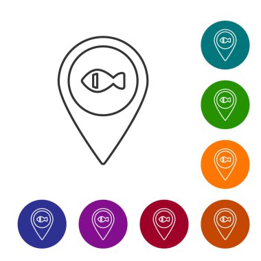 Siyah çizgi konum balıkçılık ikonu beyaz arka planda izole. Balıkçılık yeri. Simgeleri renk daire düğmelerine ayarla. Vektör.