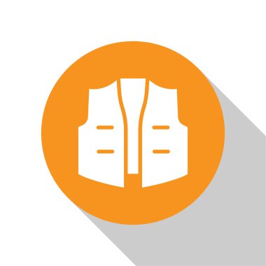 Beyaz balıkçı ceketi simgesi beyaz arkaplanda izole edilmiş. Balıkçı yeleği. Turuncu daire düğmesi. Vektör.