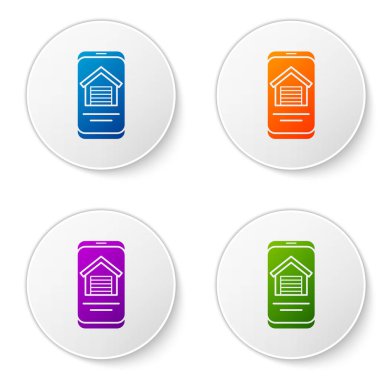 Akıllı telefon simgesindeki Color Online emlak evi beyaz arka planda izole edilmiş. Ev kredisi konsepti, kira, satın alma, mülk alma. Simgeleri daire düğmelerine ayır. Vektör.