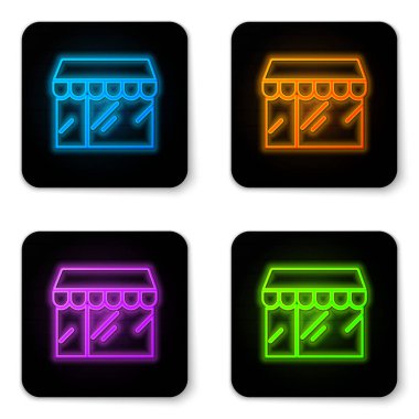 Parlayan neon alışveriş binası veya market simgesi beyaz arka planda izole edildi. Dükkan inşaatı. Siyah kare düğme. Vektör.