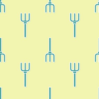 Yeşil Bahçe yabası ikonu sarı arka planda izole edilmiş pürüzsüz desen. Bahçe çatalı işareti. Bahçecilik, tarım, çiftçilik aleti. Vektör.