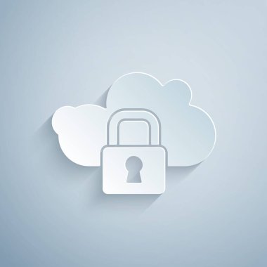 Kağıt kesiği bilgisayar kilidi simgesi gri arkaplanda izole edildi. Güvenlik, güvenlik, koruma kavramı. Kişisel verilerin korunması. Kağıt sanatı tarzı. Vektör.