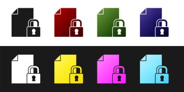 Belge ve kilit simgesini siyah ve beyaz arkaplanda izole et. Dosya biçimi ve asma kilit. Güvenlik, güvenlik, koruma kavramı. Vektör.