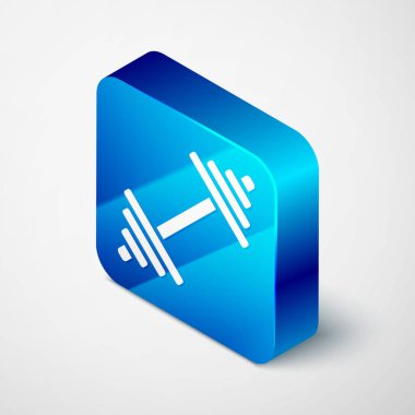 Isometric Dumbbell simgesi gri arkaplanda izole edildi. Kas kaldırma ikonu, fitness halteri, spor aletleri, egzersiz yaban domuzu. Mavi kare düğme. Vektör.