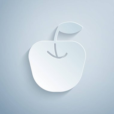 Kağıt kesiği Apple simgesi gri arkaplanda izole edilmiş. Yaprak sembollü meyve. Kağıt sanatı tarzı. Vektör.