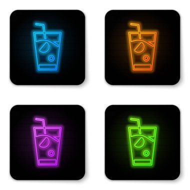 Parlayan neon taze smoothie simgesi beyaz arkaplanda izole edildi. Siyah kare düğme. Vektör.