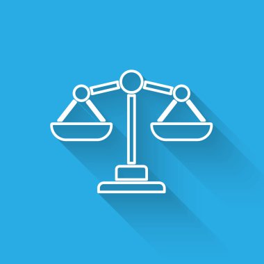 Adaletin beyaz çizgisi uzun gölgeli ikonu. Hukuk mahkemesi sembolü. Denge tabelaları. Vektör..