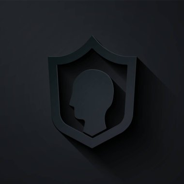 Kağıt kesilmiş hayat sigortası, siyah arka planda kalkan simgesi var. Güvenlik, güvenlik, koruma, konsept koruma. Kağıt sanatı tarzı. Vektör..