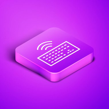 Mor arkaplanda izole edilmiş kablosuz bilgisayar klavye simgesi. Bilgisayar bileşeni işareti. İnternet kavramının kablosuz bağlantısı. Mor kare düğme. Vektör.