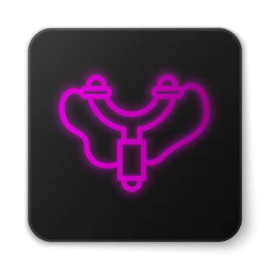 Parlayan neon çizgisi Sapan simgesi beyaz arkaplanda izole edildi. Siyah kare düğme. Vektör.