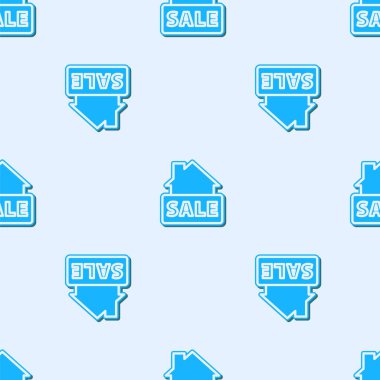 Mavi çizgi asılı işareti ile metin satışı simgesi gri arka planda izole edilmiş pürüzsüz desen. Mesaj indirimli tabela. Vektör.