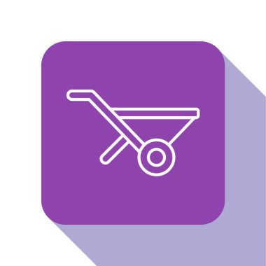 Beyaz çizgi El Arabası simgesi beyaz arkaplanda izole edildi. Alet edevat. Tarım arabası tekerlek çiftliği. Mor kare düğme. Vektör.