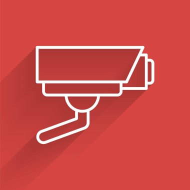 Beyaz çizgi güvenlik kamerası ikonu uzun gölgeli izole edildi. Vektör.