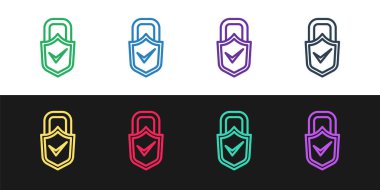 Açık asma kilit satırını ayarlayın ve siyah beyaz arkaplanda izole edilmiş işaret simgesini kontrol edin. Siber güvenlik kavramı. Dijital veri koruması. Güvenlik kilidi. Vektör.