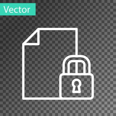 Beyaz çizgi Belgesi ve kilit simgesi şeffaf arkaplanda izole edildi. Dosya biçimi ve asma kilit. Güvenlik, güvenlik, koruma kavramı. Vektör.