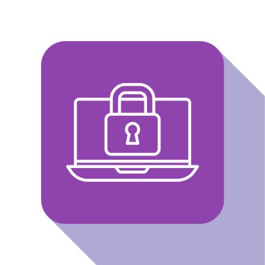 Beyaz çizgi dizüstü bilgisayar ve kilit simgesi beyaz arkaplanda izole edildi. Bilgisayar ve asma kilit. Güvenlik, güvenlik, koruma kavramı. Güvenli bir ağ. Mor kare düğme. Vektör.