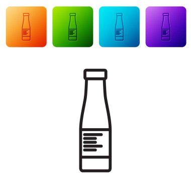 Siyah çizgili sos şişesi ikonu beyaz arka planda izole edilmiş. Ketçap, hardal ve fast food için soslu mayonez şişeleri. Renkli kare düğmelerle simgeleri ayarla. Vektör..