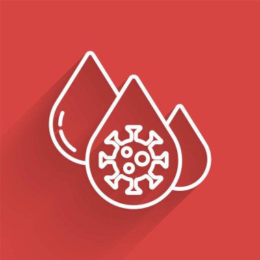 Beyaz çizgi kan testi ve virüs molekülü koronavirüs ikonu uzun gölgeli izole edilmiş. Coronavirus, COVID-19. 2019-NCoV. Vektör..