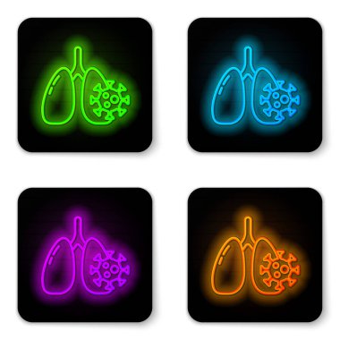 Akciğer simgesindeki parlayan neon hattı virüs hücreleri beyaz arkaplanda izole edildi. Enfeksiyon kapmış ciğerler. Coronavirus, COVID-19. 2019-NCoV. Siyah kare düğme. Vektör..