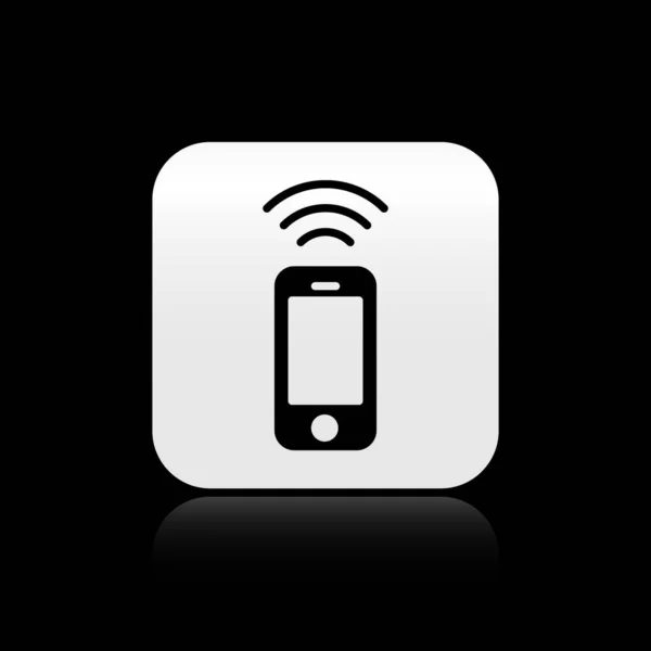 Czarna Bezprzewodowa Ikona Smartfona Czarnym Tle Srebrny Przycisk Wektor — Wektor stockowy