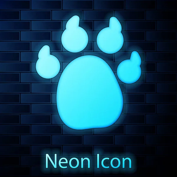 Glowing Neon Paw Print Icon Isolated Brick Wall Background Dog — Stock Vector