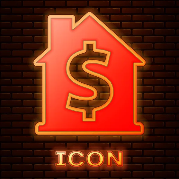 Glowing Neon House Dollar Symbol Icon Isolated Brick Wall Background — Stock Vector