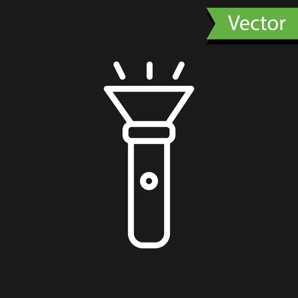 Weiße Linie Taschenlampe Symbol Isoliert Auf Schwarzem Hintergrund Vektor — Stockvektor