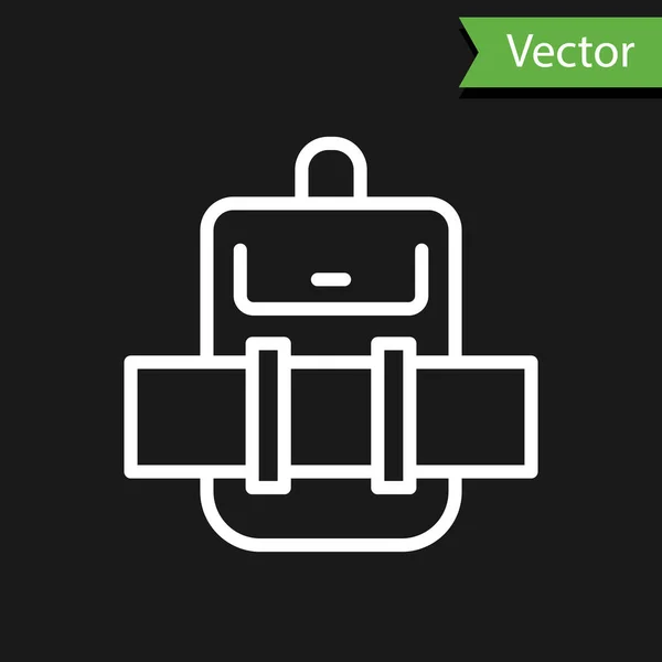 Weiße Linie Wanderrucksack Symbol Isoliert Auf Schwarzem Hintergrund Camping Und — Stockvektor