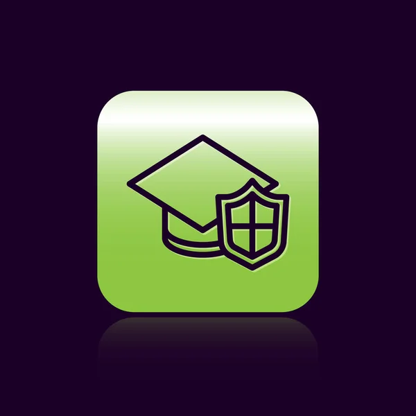 ブラックライン黒の背景にシールドアイコンで卒業キャップ 保険の概念 セキュリティ 安全性 保護の概念 緑の四角形のボタン ベクトル — ストックベクタ