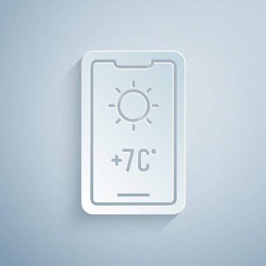 Kağıt kesiği hava tahmini simgesi gri arkaplanda izole edildi. Kağıt sanatı tarzı. Vektör İllüstrasyonu.