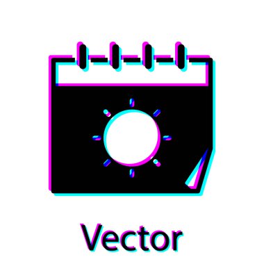 Siyah takvim ve güneş ikonu beyaz arkaplanda izole edildi. Olay hatırlatma sembolü. Vektör İllüstrasyonu.